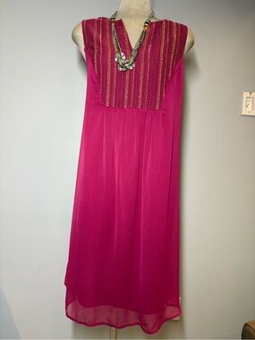 Michel Studio Sleeveless Fuchsia Midi Dress with Embroidered Yoke Size 16